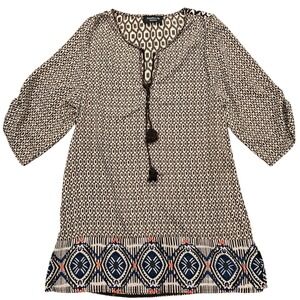 Tolani Geometric Ikat Tunic Top Mini Dress Brown Blue Tassel Split Neck L Boho